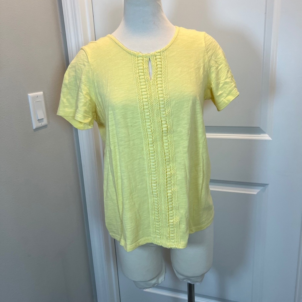 Coral Bay Womens Top Crochet Lace Trim Slub Knit Yellow PM